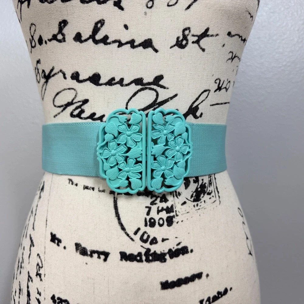90's Elastic Cinch Belt Women Teal Floral Buckle Retro Stretchy Waist Plastic